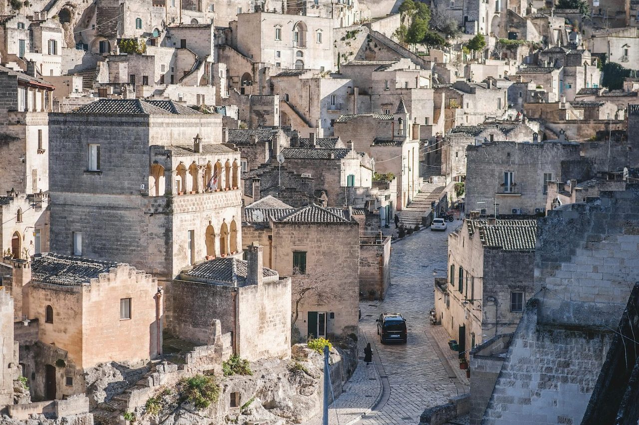 The ancient Sassi district of Matera in Basilicata during the day with stone buildings and streets